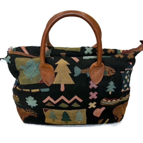 Heckathorn Handbags - HECKATHORN Tapestry Outdoor Theme Satchel Bag Purse Black Embroidery Gorpcore